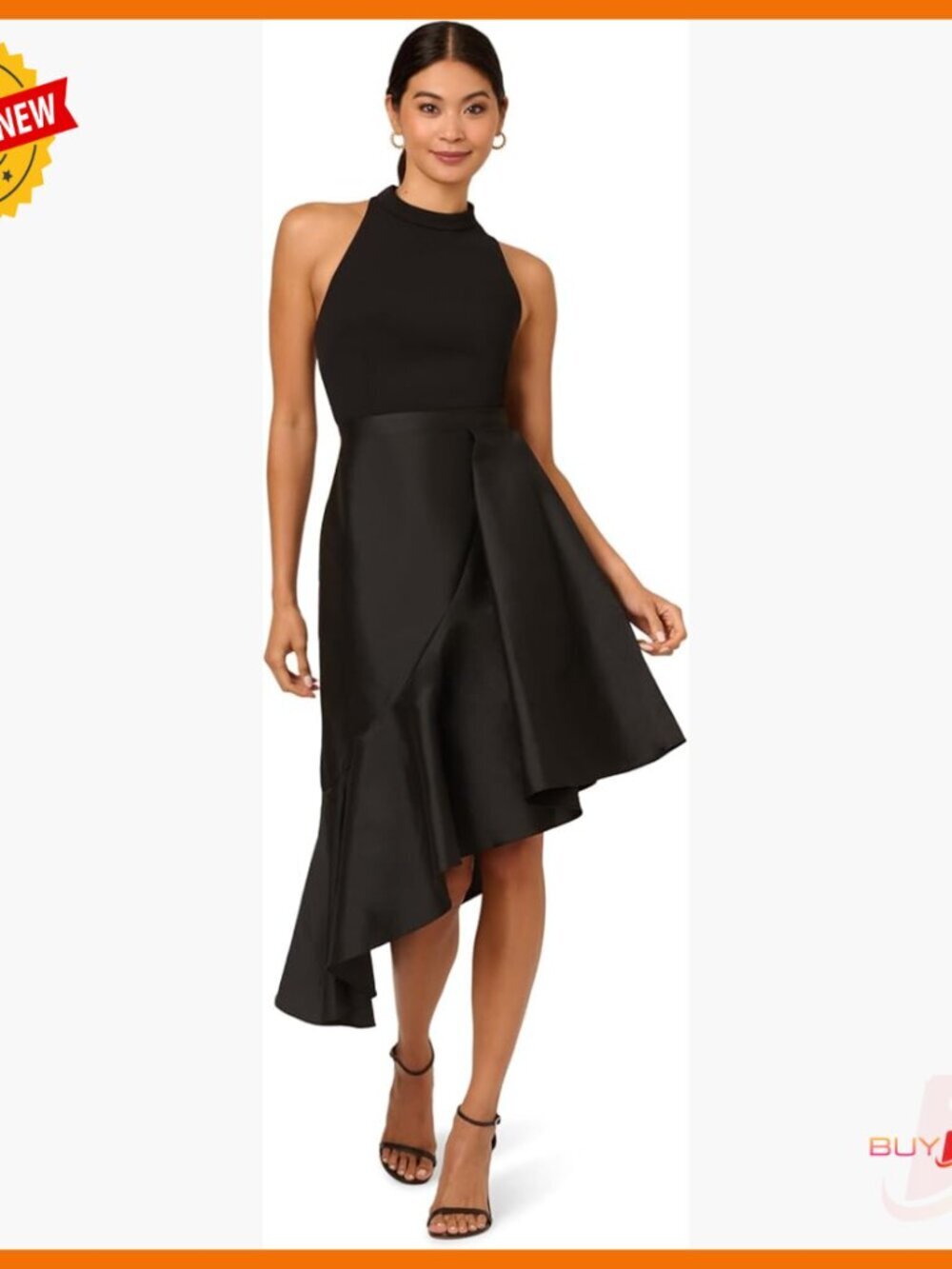 Crepe Taffeta Halter Midi Dress Formal Cocktail Asymmetrical Ruffle